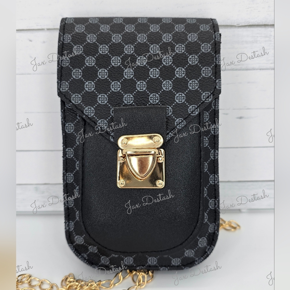 Black Patterned Crossbodyb Phone Bag with Gold Accent BG47613